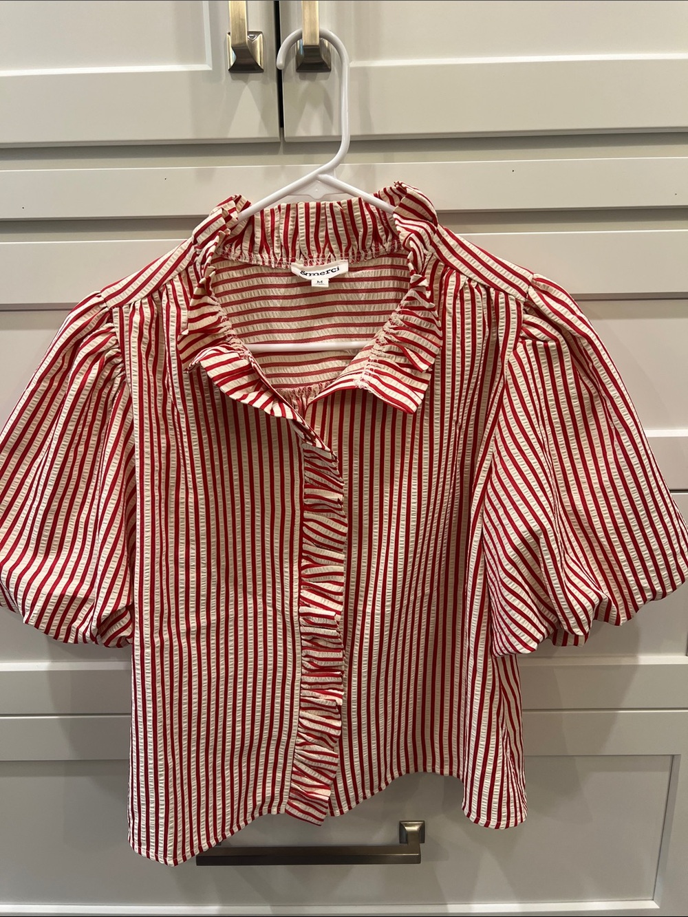 Striped Red & White Puff-Sleeve Button Blouse